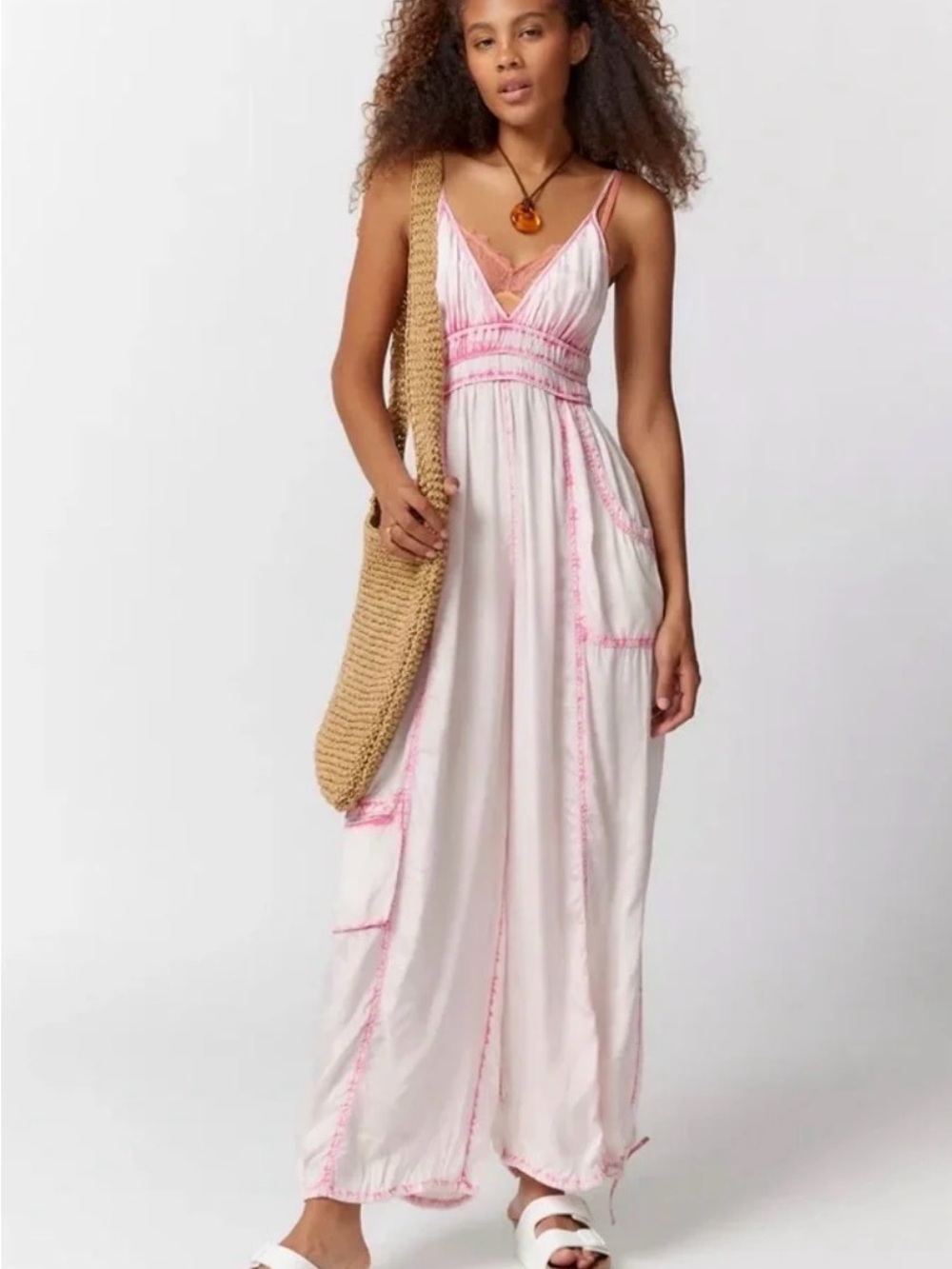 Urban Outfitters White and Pink Tie-Dye V-Neck Jumpsuit